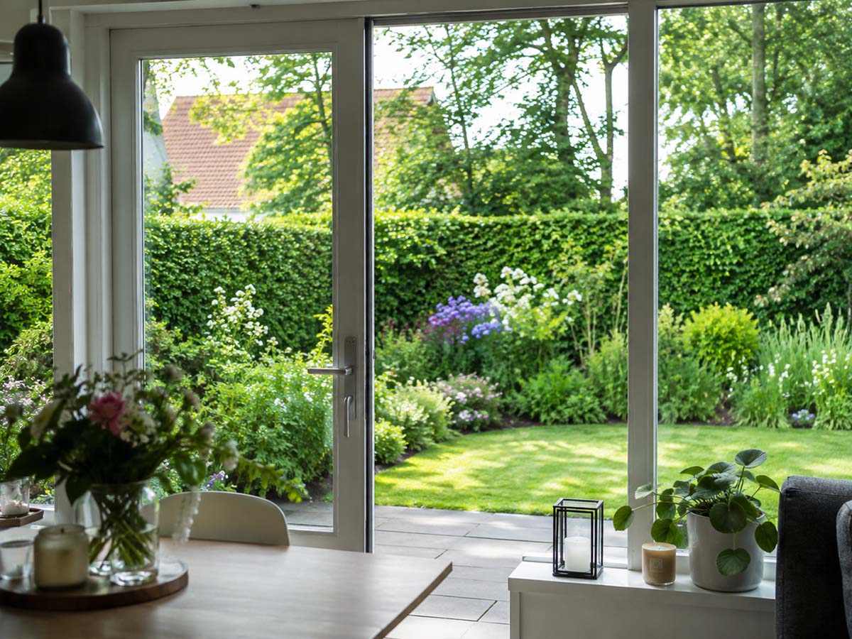 Udsigt fra huset til en grøn have med hæk og blomsterbed